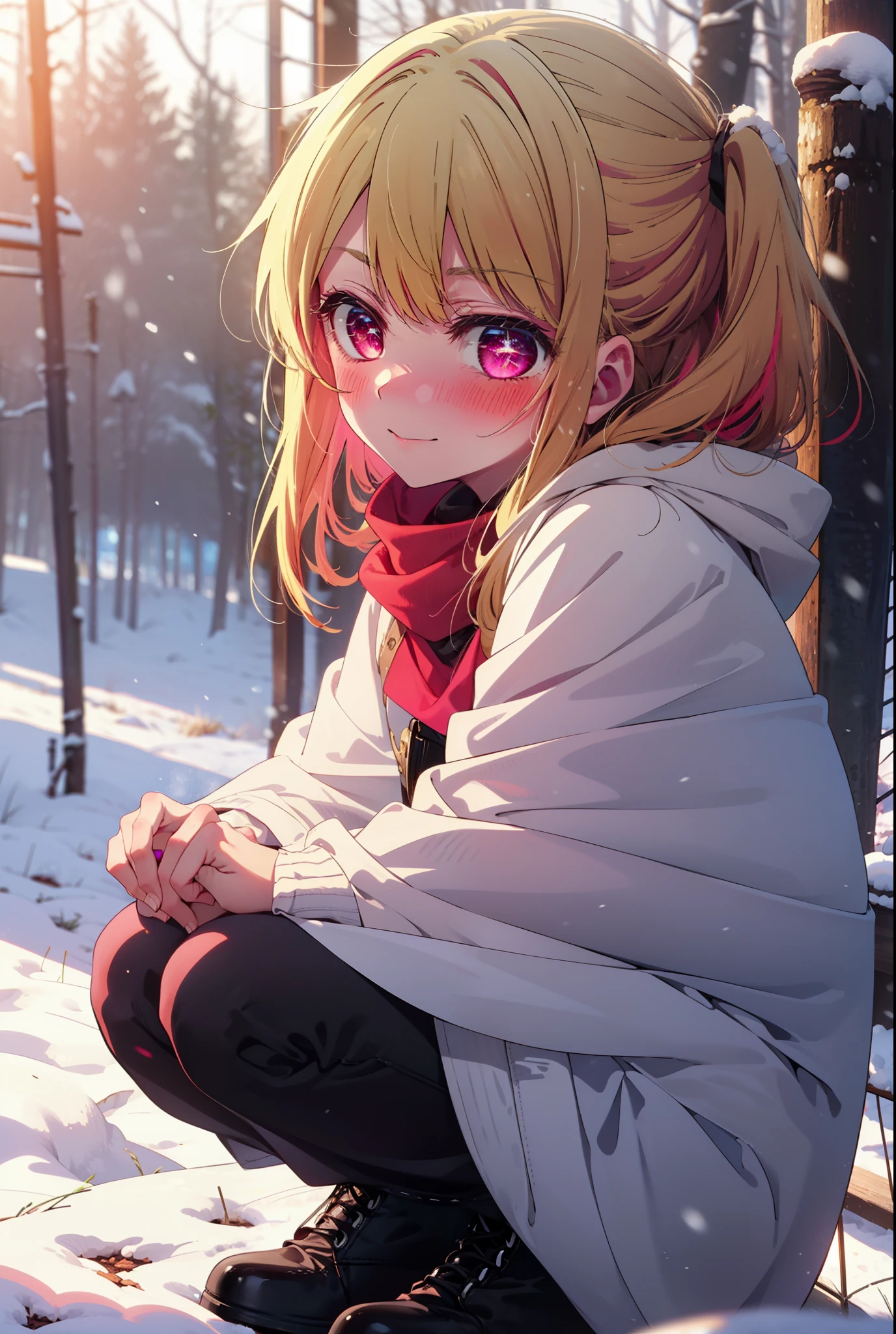 rubyhoshino, Hoshino Ruby, Long Hair, bangs, blonde, (Pink Eyes:1.3), Side Lock, (Symbol-shaped pupil:1.5), Multicolored Hair, Two-tone hair, smile,,smile,blush,white breath,
Open your mouth,snow,Ground bonfire, Outdoor, boots, snowing, From the side, wood, suitcase, Cape, Blurred, , forest, White handbag, nature,  Squat, Mouth closed, Cape, winter, Written boundary depth, Black shoes, red Cape break looking at viewer, Upper Body, whole body, break Outdoor, forest, nature, break (masterpiece:1.2), Highest quality, High resolution, unity 8k wallpaper, (shape:0.8), (Beautiful and beautiful eyes:1.6), Highly detailed face, Perfect lighting, Extremely detailed CG, (Perfect hands, Perfect Anatomy),