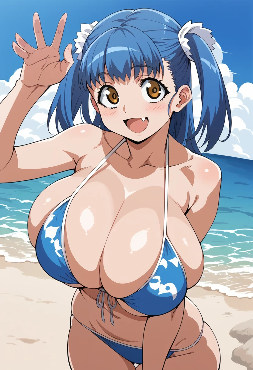 (Tuile(gravion),huge breasts,blue hair,yerrow eyes,twintail,two side up),(bikini,beach),blush,smile,open mouth,fang