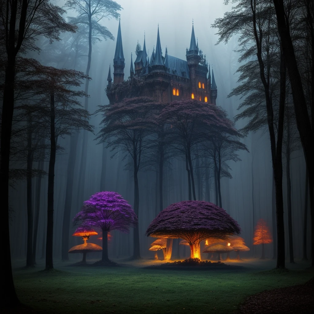 The image should evoke an atmosphere of mystery and magic. Include as mysterious shadows, a dark and vibrant, fantasy, like mystical mushrooms. Imagine an enchanted forest or an ancient castle.