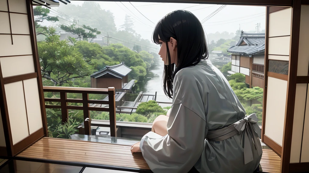 {best quality}, {very aesthetic}, {ultra-detailed}, {8k}, {Super elaborate face}, {Super-smart body},　Woman sitting on the veranda of a Japanese house, Wet day, (Woman looking outside,Behind the scenes), An ennui atmosphere,　Super fine hair, flat chest, 1girl,　Rain outside the window,　back view, A Teru Teru Bouzu is hanging,