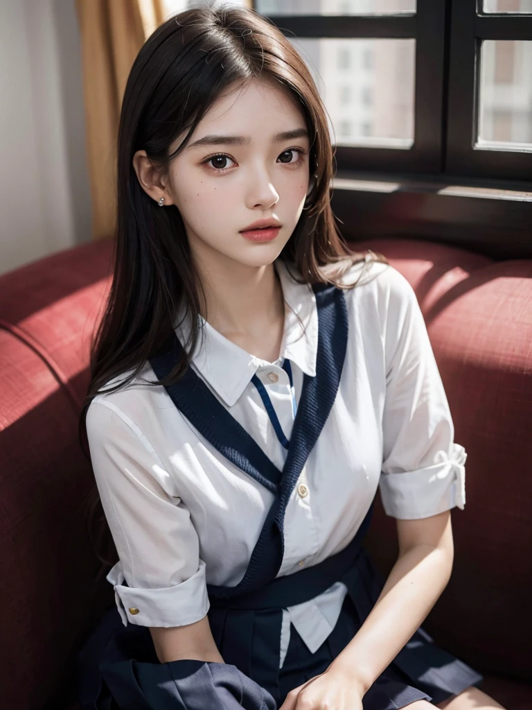 absurdres, RAW photo, extremely delicate and beautiful, masterpiece, Best Quality, ultra high resolution, 32k, hyperrealistic, ultra-detailed, 20 years old, very small head, very small face, delicate facial features, very detailed eyes and face, tearful mole, earring, very huge round breasts, medium hair, asymmetrical hair, full body shot, indoor, short skirt, (school_uniform:1.2),