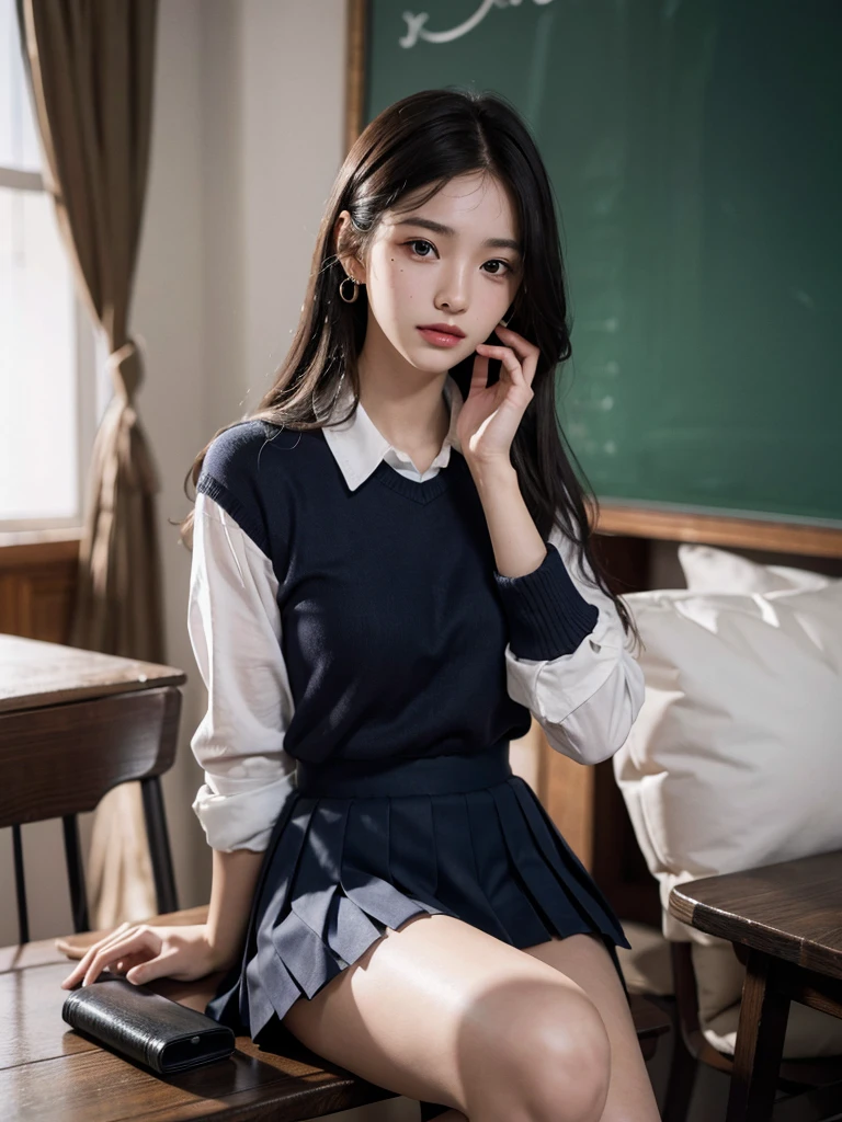 absurdres, RAW photo, extremely delicate and beautiful, masterpiece, Best Quality, ultra high resolution, 32k, hyperrealistic, ultra-detailed, 20 years old, very small head, very small face, delicate facial features, very detailed eyes and face, tearful mole, earring, very huge round breasts, medium hair, asymmetrical hair, full body shot, indoor, short skirt, (school_uniform:1.2),