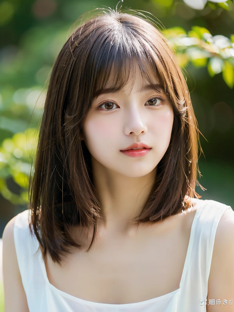((Shining beautifully、Very well-groomed straight bob hair))、Plein Air, solo,Highest quality、Ultra-high resolution、Bans (Beautiful poop:1.3) ((cute:1.3))、(()) White shirt Décolletage Natural color lips (upon) sense of cleanliness Pure Half-open lips