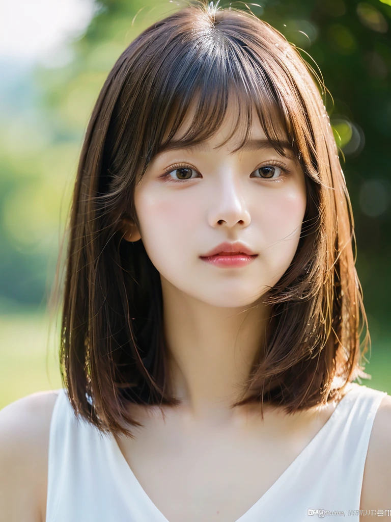 ((Shining beautifully、Very well-groomed straight bob hair))、Plein Air, solo,Highest quality、Ultra-high resolution、Bans (Beautiful poop:1.3) ((cute:1.3))、(()) White shirt Décolletage Natural color lips (upon) sense of cleanliness Pure Half-open lips