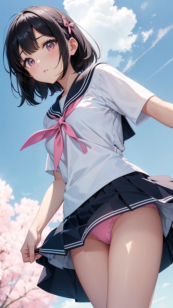 、beautiful girl、Bob Hair、Hair Ribbon、Black Hair、Sailor suit、mini skirt、Thigh coordination、Angle from below、Light blue panties、Pink Eyes、nude panties