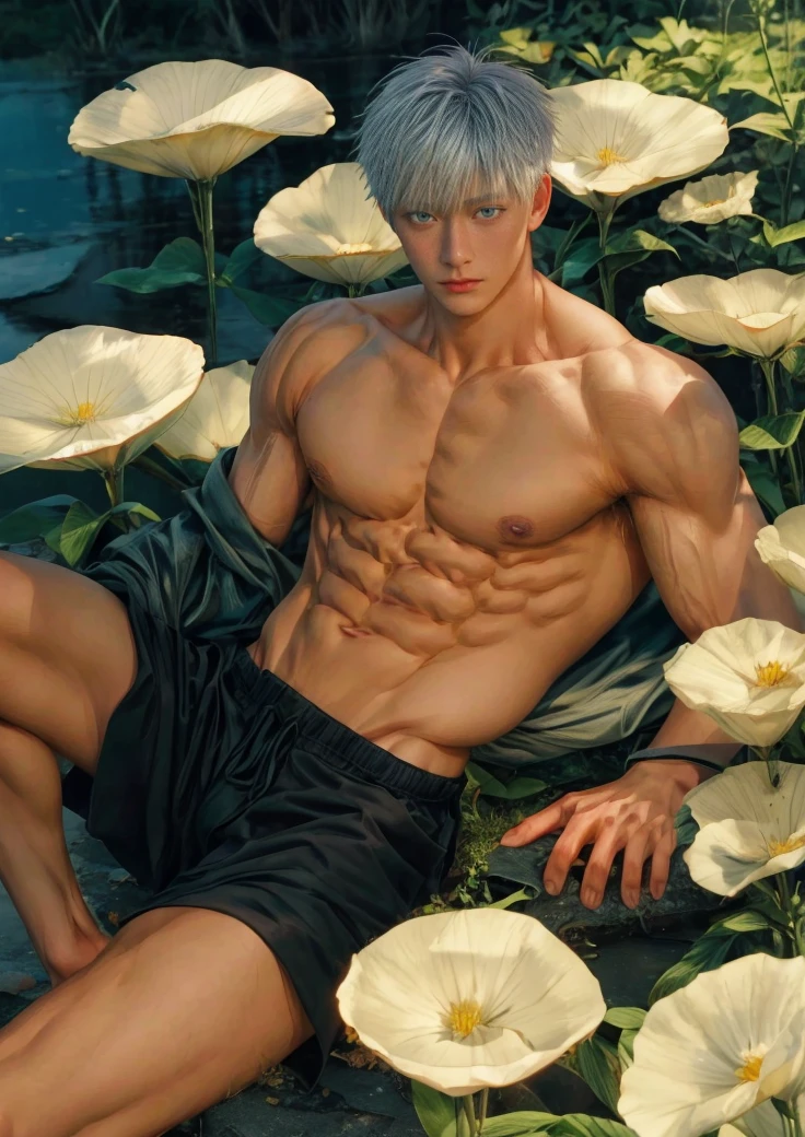 1boy, adult, handsome, perfect face, detailed eyes and face, clean shaved, muscular, capturing a rural atmosphere, dynamic lighting, unreal engine 5, hd picture, satoru gojo, white hair, short hair ,hair between eyes ,blue eyes, white skin
