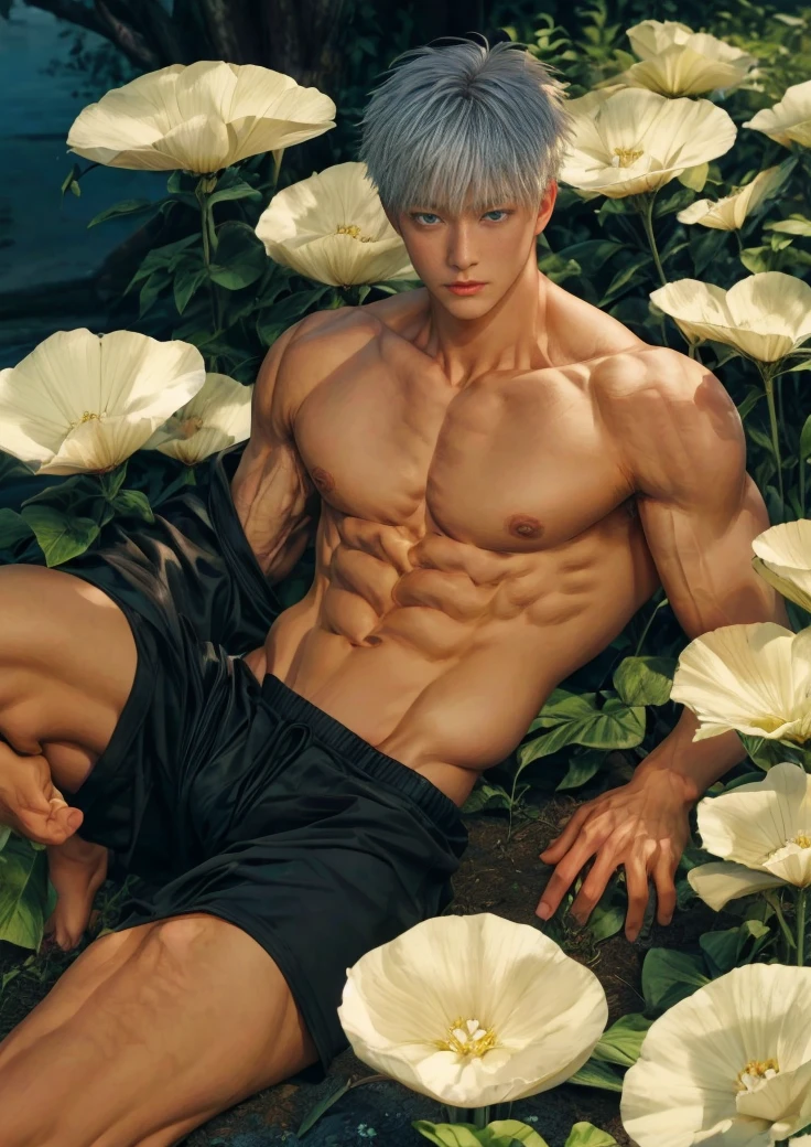 1boy, adult, handsome, perfect face, detailed eyes and face, clean shaved, muscular, capturing a rural atmosphere, dynamic lighting, unreal engine 5, hd picture, satoru gojo, white hair, short hair ,hair between eyes ,blue eyes, white skin