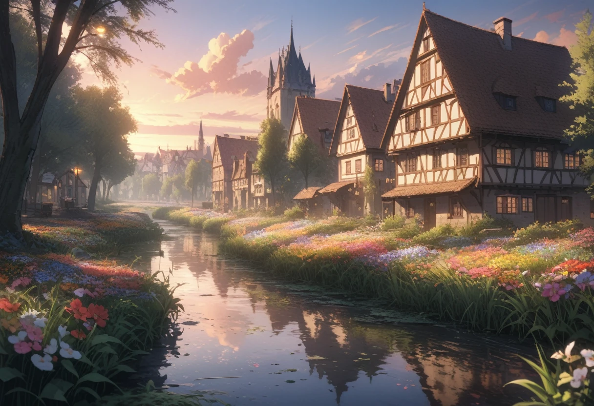 ((Masterpiece)), ((best quality)), (Anime:1.3), (super detail:1.2), (High Definition:1.3), (Professional Photography:1.3), (wide shot), (very aesthetic:1.2), (absurdres:1.2), (sharp focus), (perfect light), 8K, cinematic lighting, (colorful flowers), BREAK, ((best quality)), (very aesthetic:1.2), (absurdres:1.2), (Leaning against the decorated low Parapet), (dusk, European town, swamp, willow trees, weeds, colorful flowers), sunset, clouds, drizzle, Beautiful Adriatic Sea,