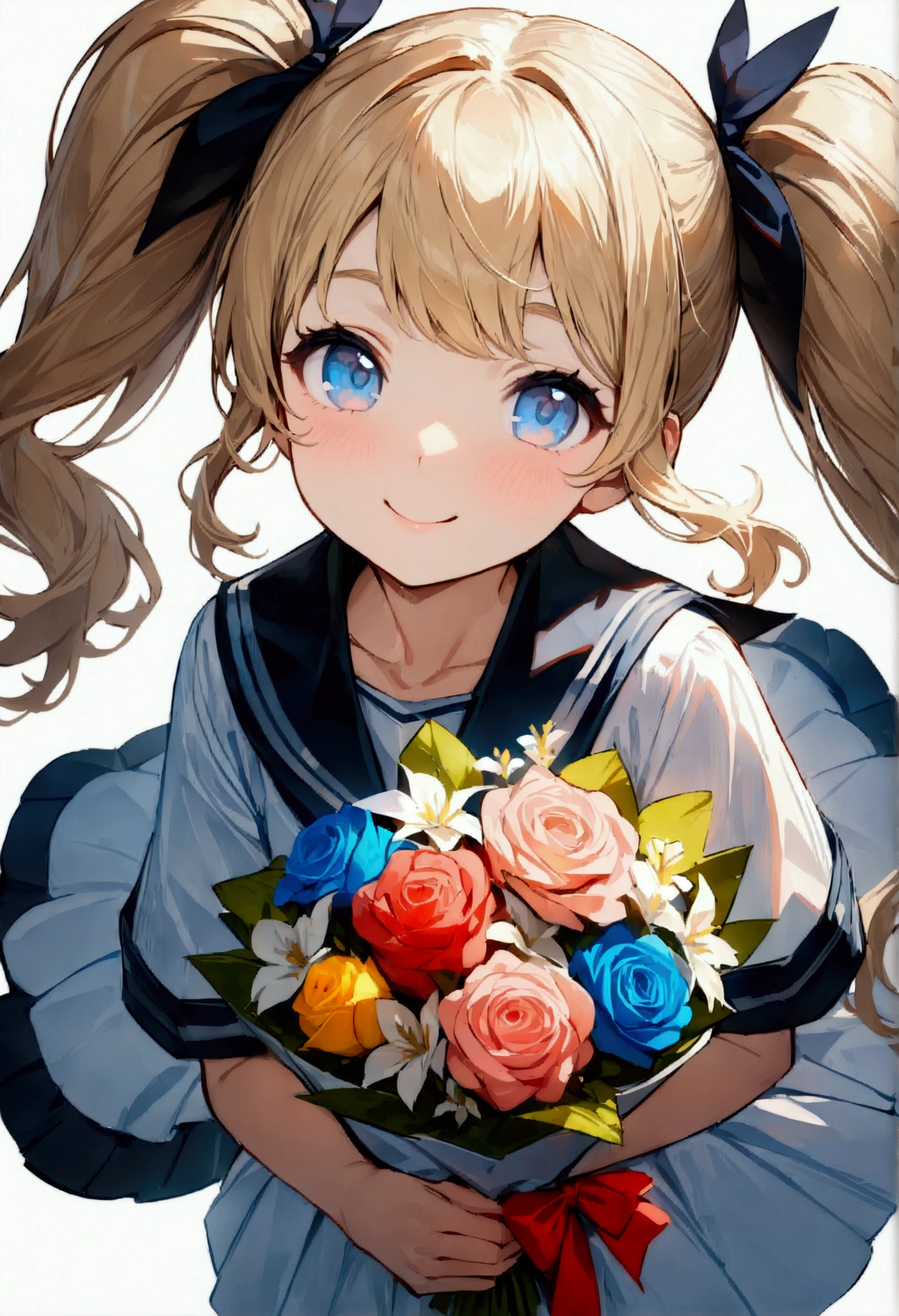 whole body, (female): 1girl, (solo), (perfect face), (detailed outfit), (little girl), (holding a bouquet), beautiful female, smile (happy), blonde hair, long hair, twintails hair, blue eyes, (serafuku), (white background), (masterpiece:1.4), (best quality), (highres) (sharp focus),