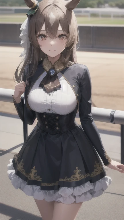 masterpiece, best quality, ultra-detailed, glistening shiny, glowing light, ray tracing, HDR, deph of field, (perfect face, detailed face, detailed eyes,perfect hands,perfect fingers), 8k,HD,ultra realistic face,ray tracing,perfect lighting,best quality, ultra-detailed,
looking at viewer, blush, smile, aasato, long hair, half updo, braid, hair between eyes, animal ears, ear ornament, horse tail, breasts, frills, black ascot, green dress, (sleeves past wrists:1.2), black thighhighs, (horse race track:1.5), running, crowd,
