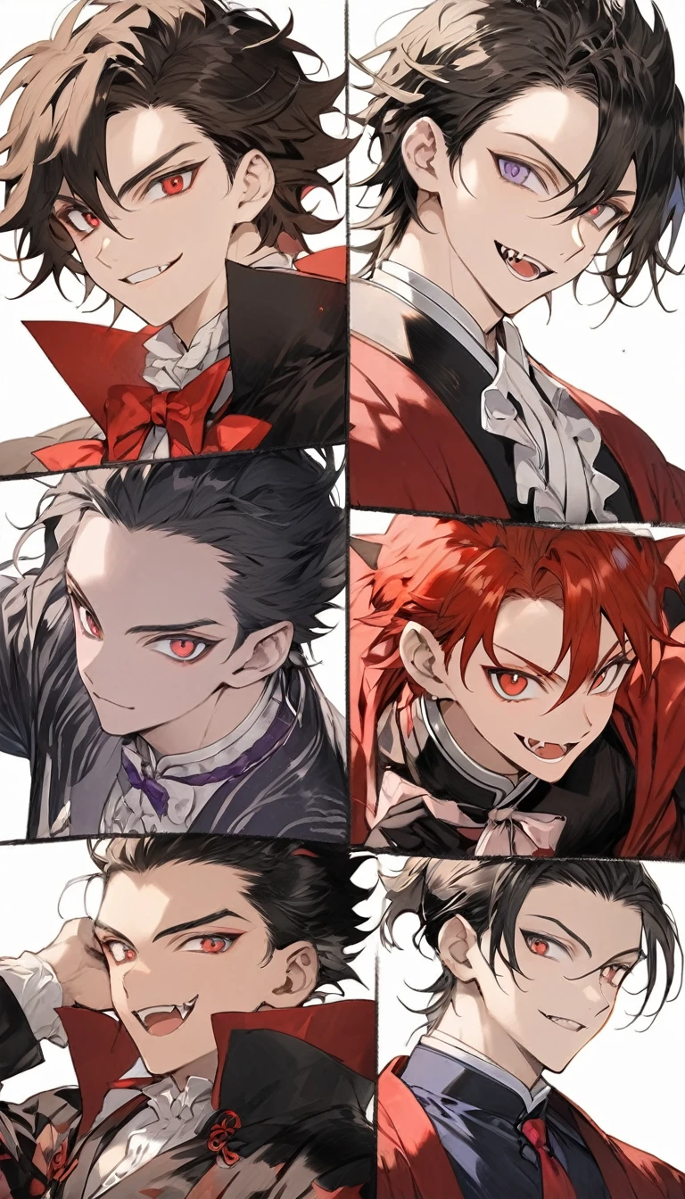 black suit and red tie、Man wearing a red cloak, Anime handsome guy, ハンサムな男性のvampire, Alucard, Handsome anime pose, Handsome men from Demon Slayer, Handsome Japanese Devil Boy, High-quality portraits, Beautiful androgynous prince, [[[[smile wickedly]]]], Male Anime Characters, vampire