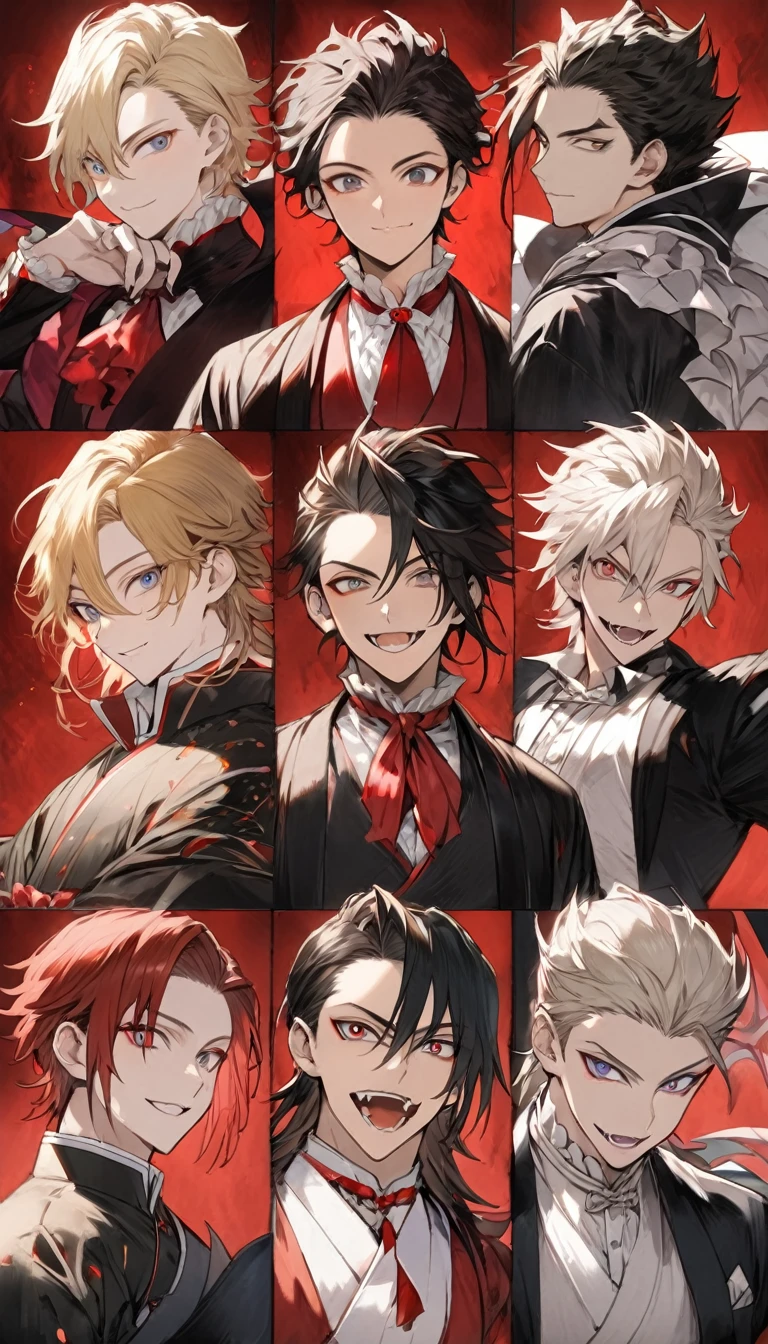 black suit and red tie、Man wearing a red cloak, Anime handsome guy, ハンサムな男性のvampire, Alucard, Handsome anime pose, Handsome men from Demon Slayer, Handsome Japanese Devil Boy, High-quality portraits, Beautiful androgynous prince, [[[[smile wickedly]]]], Male Anime Characters, vampire