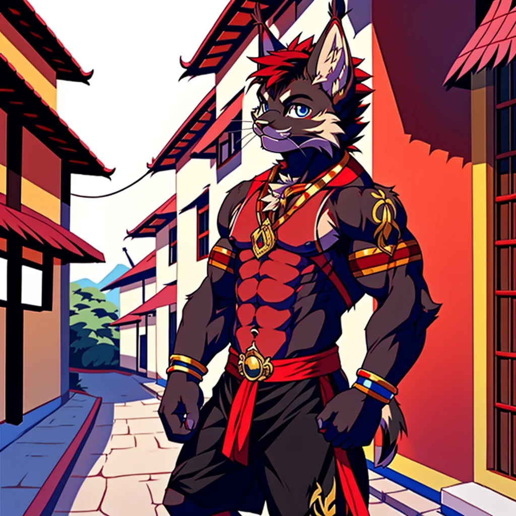 Best quality, Young, 15 year old, Furry, Solo, Male black lynx cat: 2.0, (black fur), (black fur), black fur, blue eyes, red chest hair, black long hair, black mane, red hair, red armpit hair, red whiskers, Humanoid hands, Muscular body, Strong Abs, Strong Chest, Strong Biceps, Wearing Red Muay Thai Style Clothes, Topless, Standing in the street of Thailand, Red Mohawk hair, Detailed black fur, Detailed cloths, Thailand.