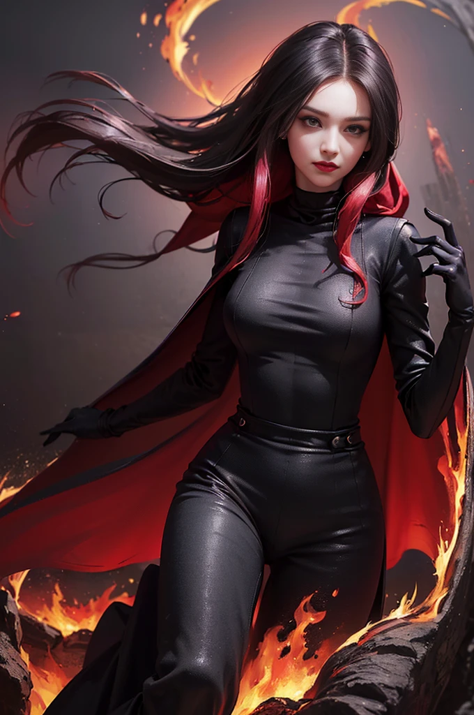(skindentation:1.5), Realistic, Photorealistic, (masterpiece:1.5), concept art, intricate details, highly detailed, photorealistic, octane render, 8k, unreal engine, dynamic pose, best quality, highres, (realistic face:1.1), (hyperrealistic:1.1), (((full_body))), perfect eyes,(shiny skin:1.2), (((hairstyle))), (((perfect handtremely detailed background), ((dynamic background)), ((1girl)), (((wearing black jumpsuit, dark red long wizard cape))), ((detailed eyes, high quality eyes, high quality face)), (extremely intricate cape), red long hair, dramatic, depth of field, bokeh, 4k, (((underworld))), ((floating in the air)), (((black magic witch))), (((fierce eyes)))