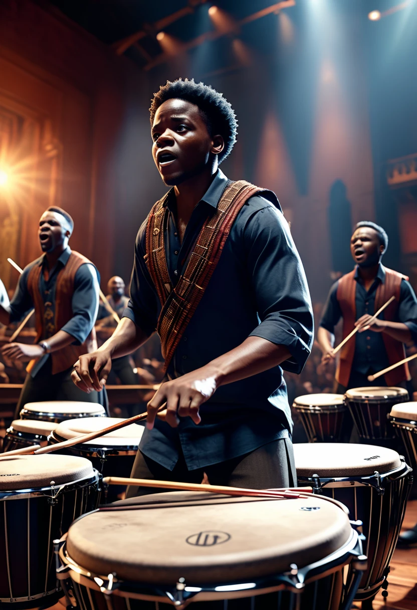 A black people orchestra performing an epic cinematic theme song in a theatre using african percussion like drums, xylophone,  banjos, flutes, 32k, ultra HD, unreal engine rendered, cinematic lighting, hyper-realistic image 