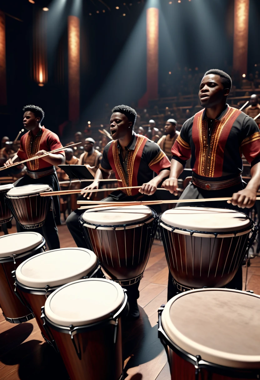 A black people orchestra performing an epic cinematic theme song in a theatre using african percussion like drums, xylophone,  banjos, flutes, 32k, ultra HD, unreal engine rendered, cinematic lighting, hyper-realistic image 