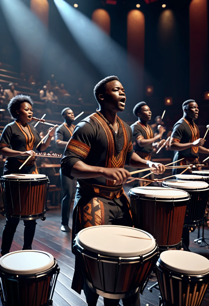 A black people orchestra performing an epic cinematic theme song in a theatre using african percussion like drums, xylophone,  banjos, flutes, 32k, ultra HD, unreal engine rendered, cinematic lighting, hyper-realistic image 