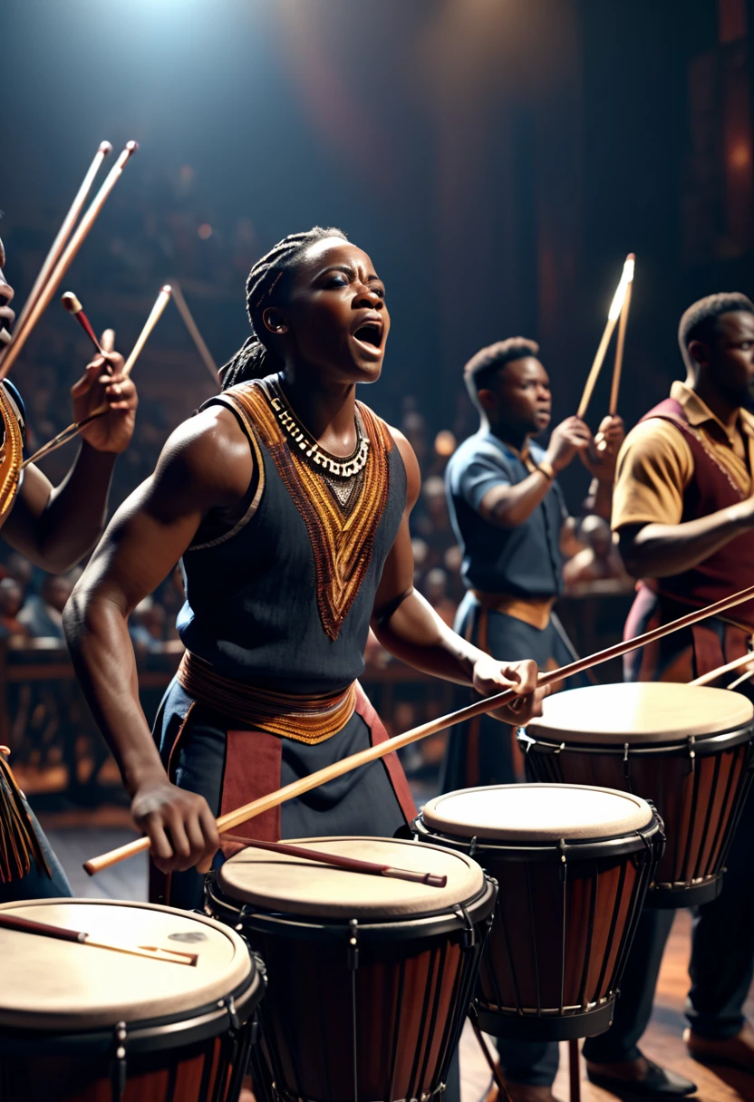 A black people orchestra performing an epic cinematic theme song in a theatre using african percussion like drums, xylophone,  banjos, flutes, 32k, ultra HD, unreal engine rendered, cinematic lighting, hyper-realistic image 