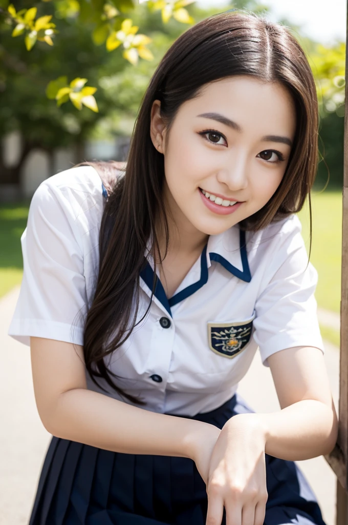 Pure young Japanese school girl, wearing summer uniforms, natural black hair styles, impressive big brown eyes, no makeup, thick eyebrows, pure smile, refreshing in summer sunlight, feeling soft breeze in hair, sitting, relaxed pose, sexual attractive, professional portrait photography, 