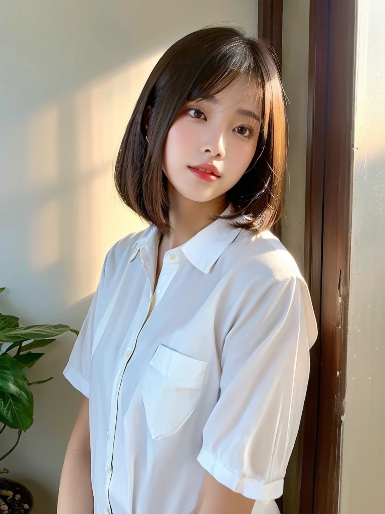 ((Shining beautifully、Very well-groomed straight bob hair))、Plein Air, alone,Highest quality、Ultra-high resolution、prohibit (Beautiful poop:1.3) ((cute:1.3))、((16 years old)) White shirt Turning Natural color lips (On top of that) sense of cleanliness Pure Half-open lips Inside the room Selfie