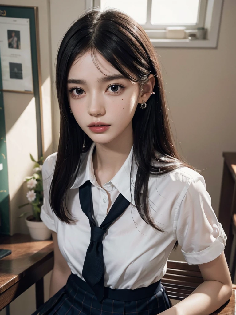 absurdres, RAW photo, extremely delicate and beautiful, masterpiece, Best Quality, ultra high resolution, 32k, hyperrealistic, ultra-detailed, 30 years old, very small head, very small face, delicate facial features, very detailed eyes and face, tearful mole, earring, very huge round breasts, medium hair, asymmetrical hair, full body shot, indoor, short skirt, (school_uniform:1.2),
