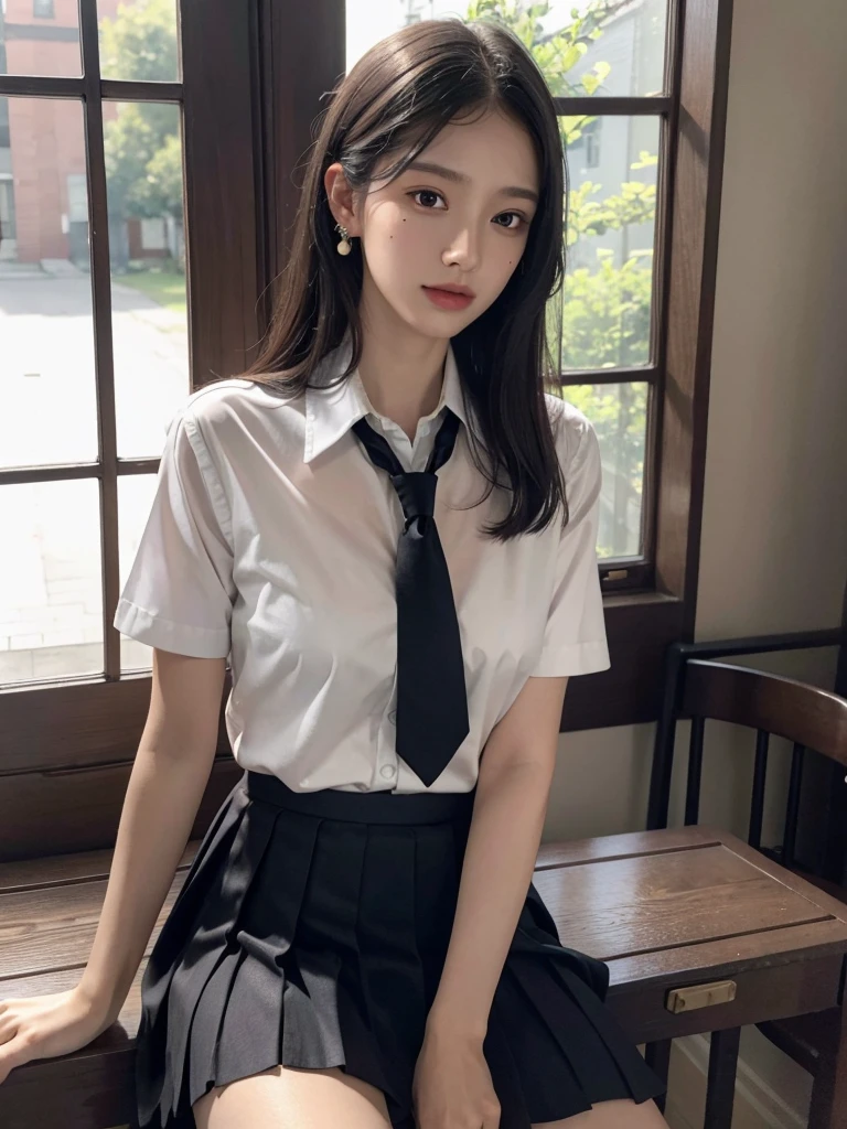 absurdres, RAW photo, extremely delicate and beautiful, masterpiece, Best Quality, ultra high resolution, 32k, hyperrealistic, ultra-detailed, 30 years old, very small head, very small face, delicate facial features, very detailed eyes and face, tearful mole, earring, very huge round breasts, medium hair, asymmetrical hair, full body shot, indoor, short skirt, (school_uniform:1.2),