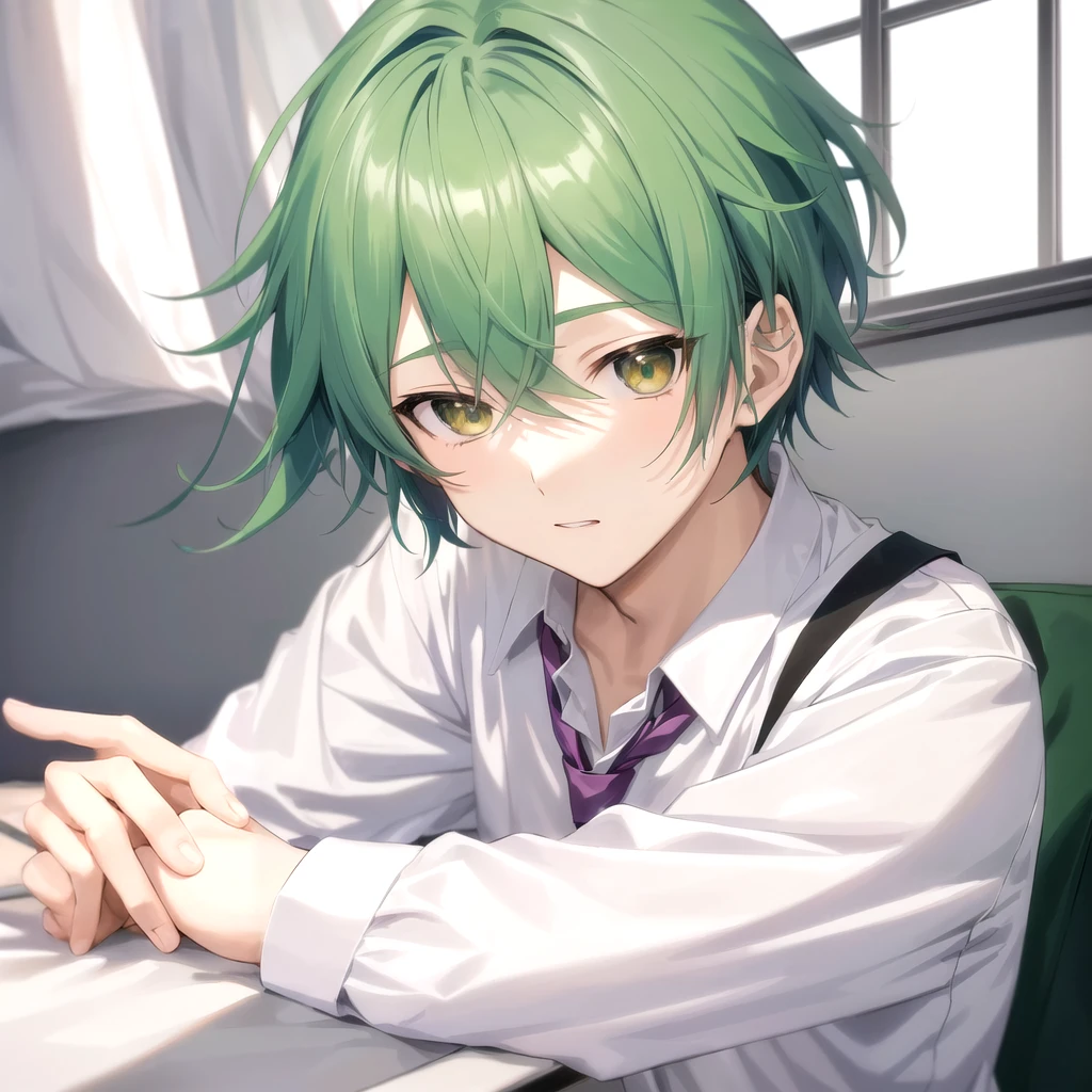 menino anime with green hair and tie sitting in a room, Hajime Yatate, estilo de arte anime moe, Wataru Kajika, jovem anime homem, Gamoe Yandere, Nagito Komaeda, menino anime, rei hiroe, mikudayo, koyoharu gotouge, personagem de anime masculino
