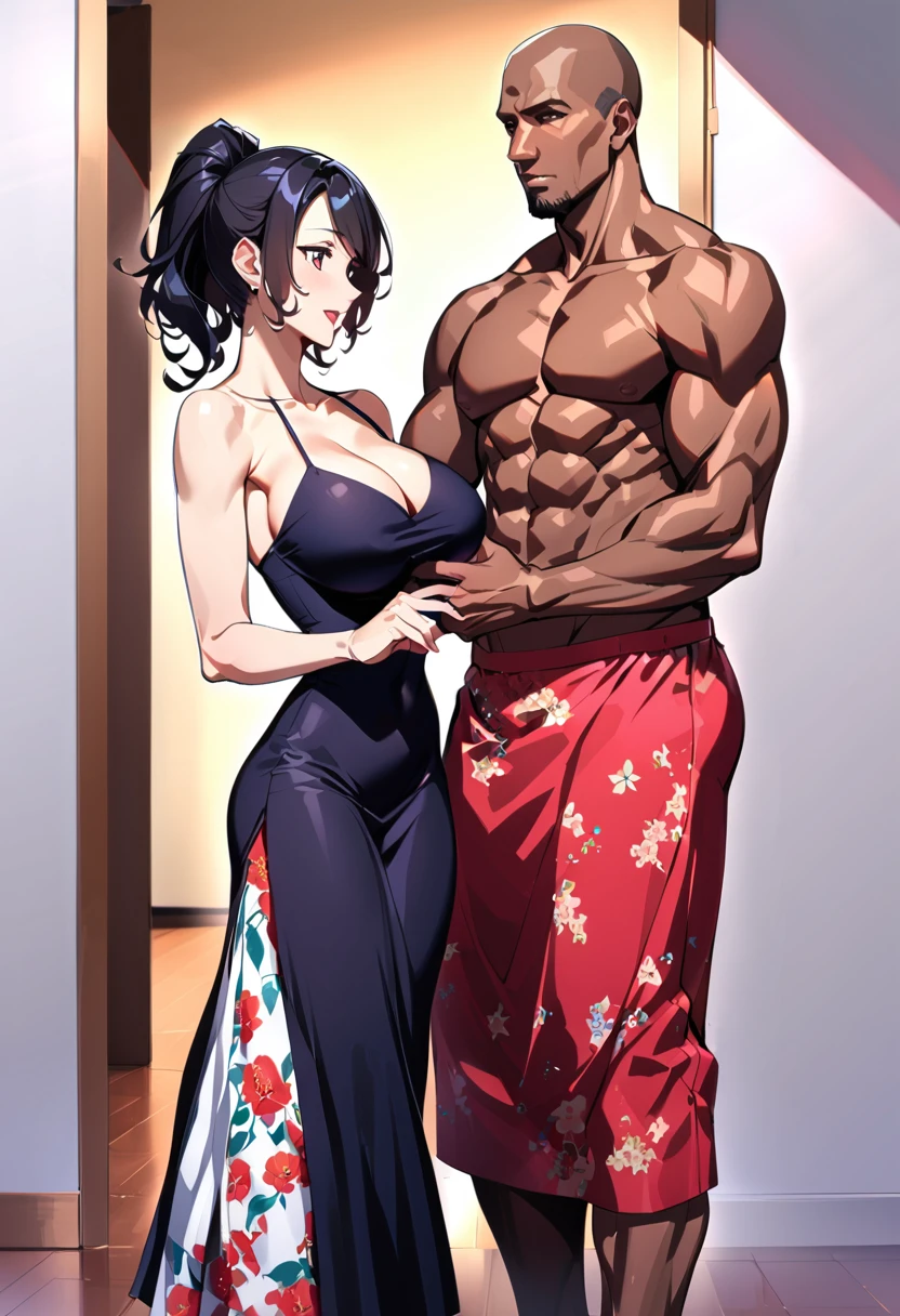 (1 young man), (1 asian Mom), (Duet), A mom seduces a young blackman，（strong and naked black man，short pantuscle body，bodybuilder），（a young mom with big breasts，narrow waist，bare shoulders，(long skirt dressed, floral print, naked）, European 40 year old milfs and th1 young black man r, best quality:1.4), (Ultra-high resolution:1.2), (8K, RAW photos:1.2), Laurena Lexis, (1 Mom, 1 son), Moms showing off their curves, bend down, Wearing sexy clothes and shorts, and their young son, Clear eyes, A mother and her young son, ((French Kiss))