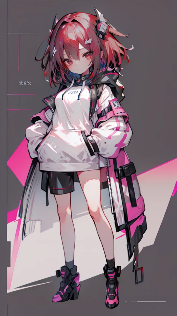 1 girl with red hair, pink eyes, cyberpunk style, hand in pocket, hoodie, pink starry background, black high heels
