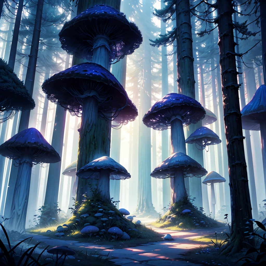 The image should evoke an atmosphere of mystery and magic. Include as mysterious shadows, a dark and vibrant, fantasy, like mystical mushrooms. Imagine an enchanted forest or an ancient castle.