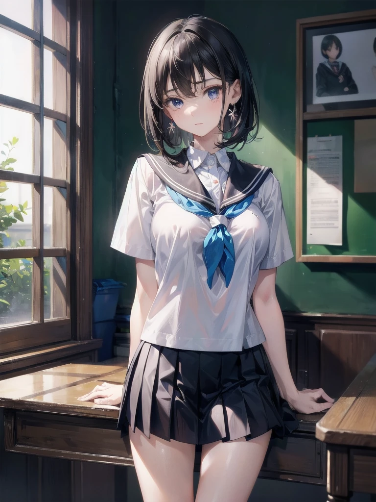 absurdres, RAW photo, extremely delicate and beautiful, masterpiece, Best Quality, ultra high resolution, 32k, hyperrealistic, ultra-detailed, 30 years old, very small head, very small face, delicate facial features, very detailed eyes and face, tearful mole, earring, very huge round breasts, medium hair, asymmetrical hair, full body shot, indoor, short skirt, (school_uniform:1.2),