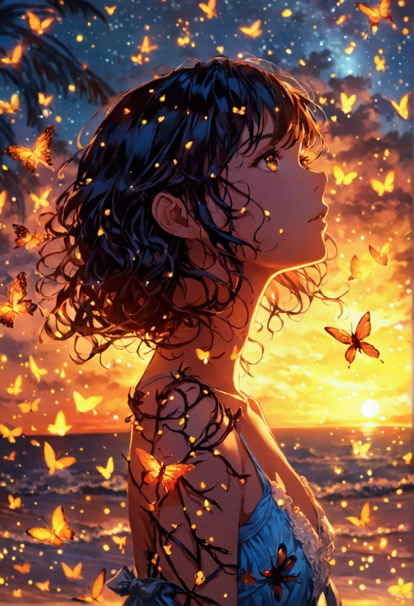 A girl at beautiful at beach at night time with insects glowing