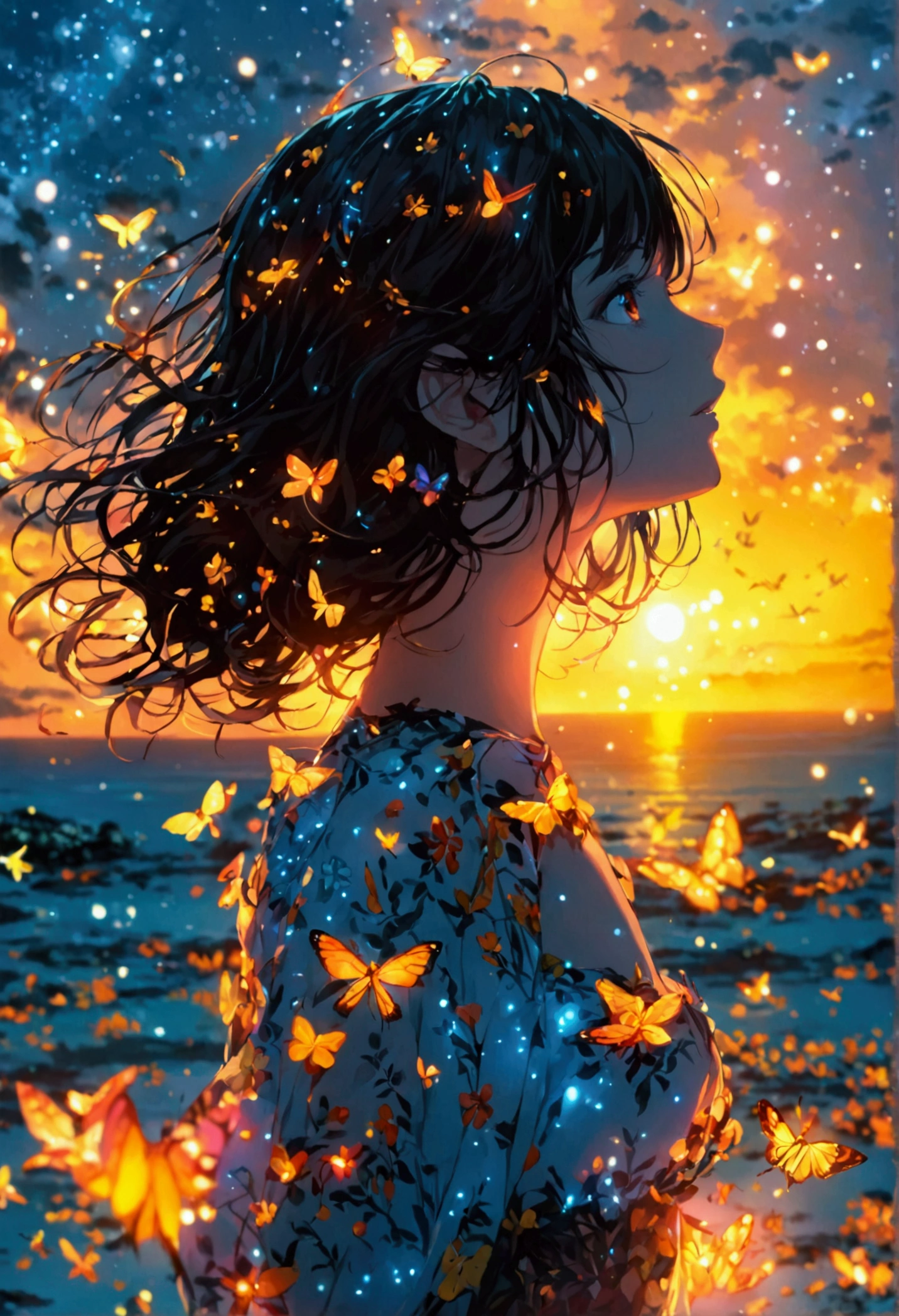 A girl at beautiful at beach at night time with insects glowing