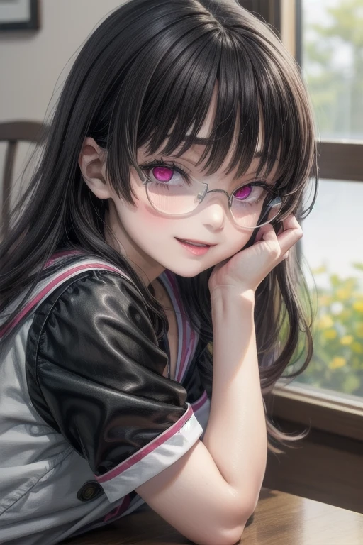 (Tabletop:1.0), (highest quality:1.4), (High resolution:1.2), From the side,Sharp contours, boyish, highest quality, masterpiece,Glasses,Voice of the Heart,20-year-old woman,yandere,Big Breasts,Chest to chest,Lying face down,Upper Body,Ecstasy,saliva,blush,Squint your eyes,Heterochromia iridis,Tuck up your clothes,lure, green hair