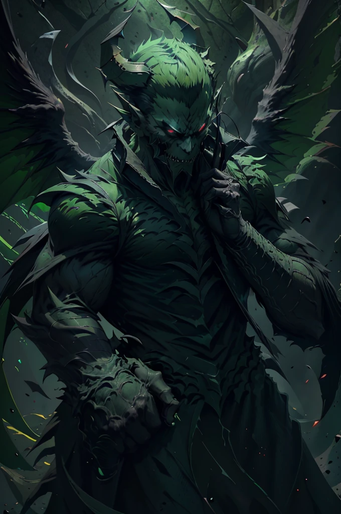 a demonic male, eyeless, with sharp teeth, short green hair, military haircut, thin, dark green wings, matte green body, wearing gangster clothes, (best quality,4k,8k,highres,masterpiece:1.2),ultra-detailed,(realistic,photorealistic,photo-realistic:1.37),horror,dark colors,chiaroscuro lighting