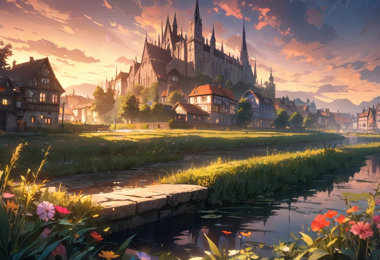 ((Masterpiece)), ((best quality)), (Anime:1.3), (super detail:1.2), (High Definition:1.3), (Professional Photography:1.3), (wide shot), (very aesthetic:1.2), (absurdres:1.2), (sharp focus), (perfect light), 8K, cinematic lighting, (colorful flowers), BREAK, ((best quality)), (very aesthetic:1.2), (absurdres:1.2), (Leaning against the decorated low Parapet), (dusk, European town, swamp, willow trees, weeds, colorful flowers), sunset, clouds, drizzle, Beautiful Adriatic Sea,