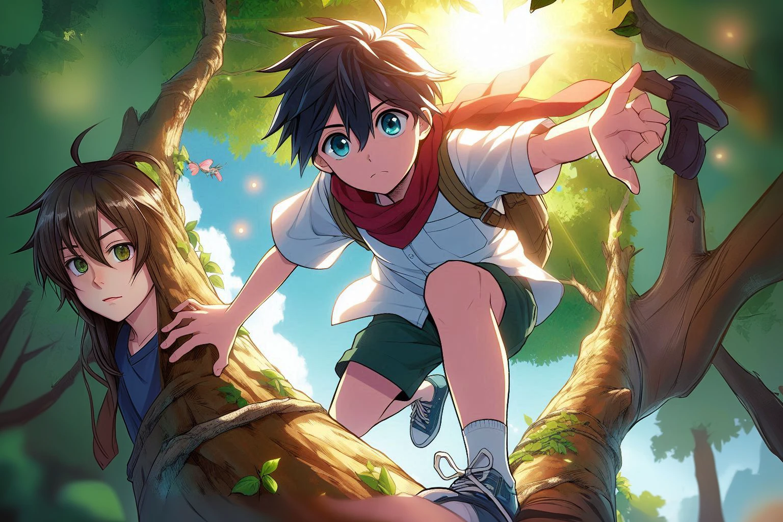 image of a boy with courage, coming down from the tree in anime style