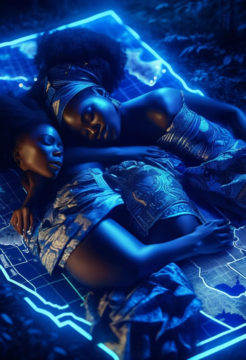  a beautiful aerial view of four happy african woman dressed in blue african designed attire, sleeping on neon lit glowing map of Africa in the forest while staring at the sky, night time with blue light shining down on them creating a blue colour grading, cinematic lighting, 32k, ultra HD, hyper-realistic image , octane 3d rendering 