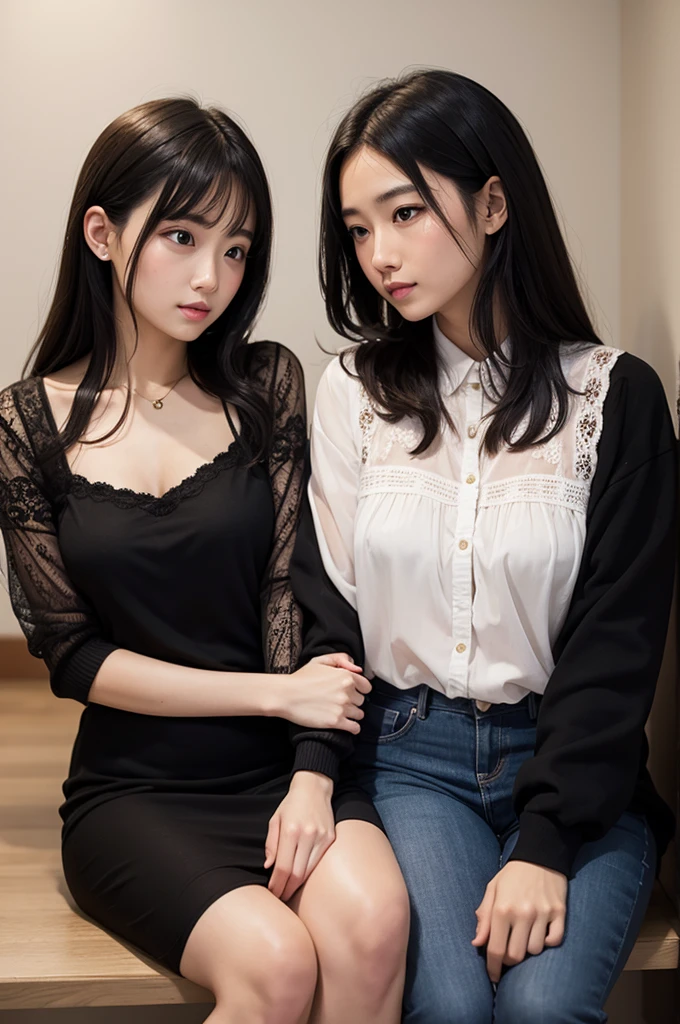 (high quality)、(high resolution)、Professional Lighting、10 year old girl、Primary school students、Young face、Thin and beautiful legs、Narrow waist、(Big Breasts)、whole body、(smile:1.1)、(Lace sleeveless buttoned and collared elegant blouse)、(Lace mini skirt)、(Angle from below)