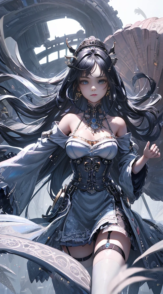 Wizard girl.
(((masterpiece, best quality, raw photo, photorealistic, depth of field, ultra detailed, detailed face, very precise eyes ))), Dynamic Action Pose, Invoke Magic, Mechanical Magic Weapons, very slender long legs, lace stockings on the knee, steampunk headgear, fluttering lace flared mini skirt, off-shoulder fashion with a fusion of detailed and intricate steampunk and detailed gothic ta, upward and beautiful small breasts, Clean long silver hair, long vertical curly hair, wind driven, futuristic complex steampunk factory background, infinite dark universe, flying celestial bodies, countless celestial neon lights raining down from the heavens, cinematic lighting decoration