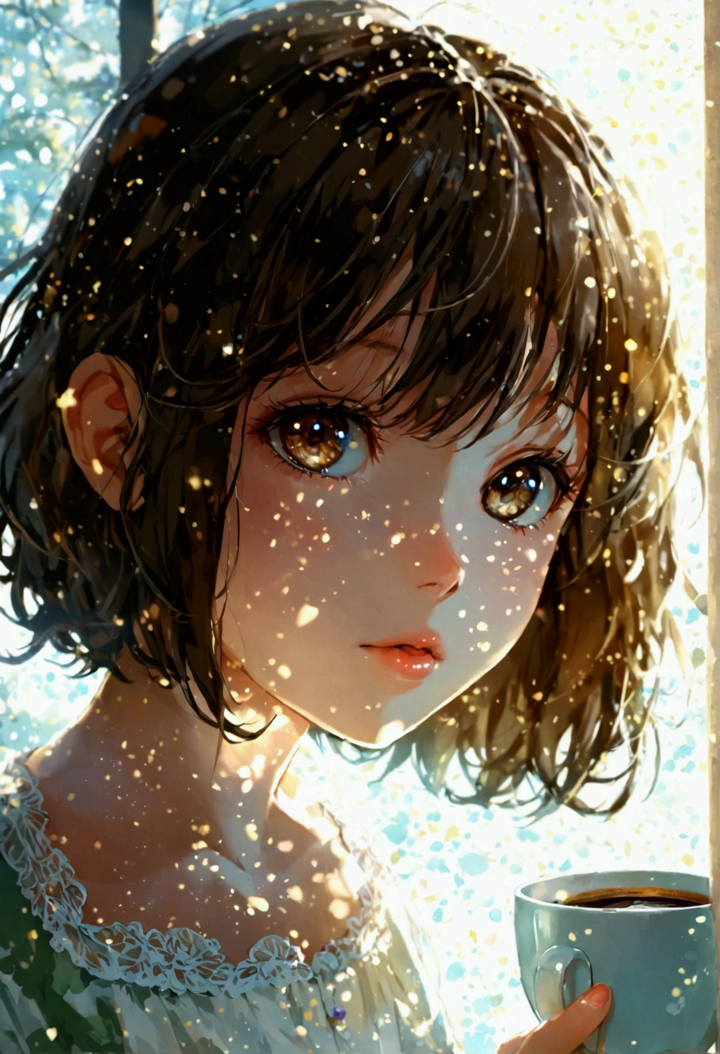 there is a young girl holding a cup of coffee in her hand, girl cute-fine-face, cute natural anime face, with cute - fine - face, sakimi chan, Chiho, Yoshitomo Nara, young cute face, beautiful japanese girls face, brown hair and large eyes, cute kawaii girl, beautiful light big eyes