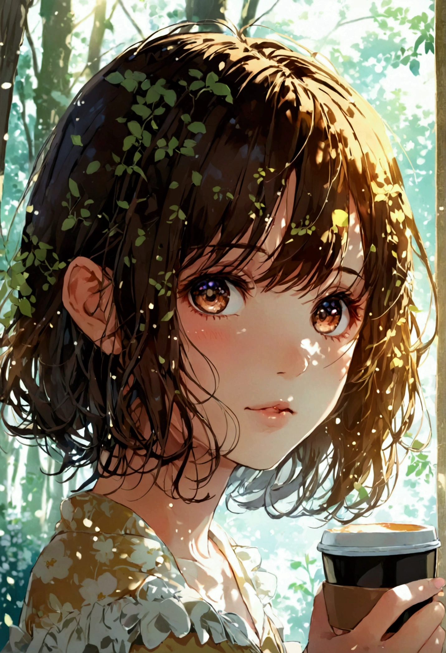 there is a young girl holding a cup of coffee in her hand, girl cute-fine-face, cute natural anime face, with cute - fine - face, sakimi chan, Chiho, Yoshitomo Nara, young cute face, beautiful japanese girls face, brown hair and large eyes, cute kawaii girl, beautiful light big eyes