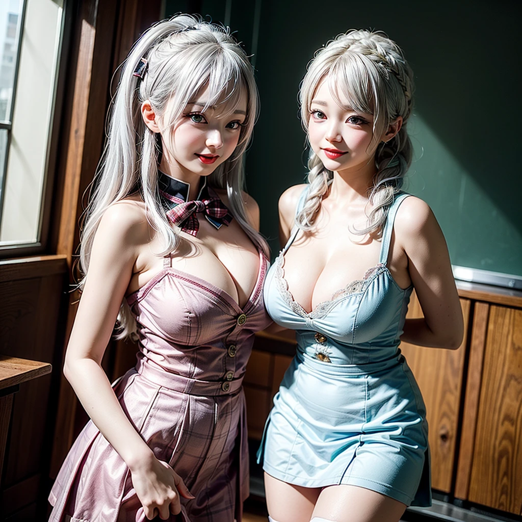 White and Bright Red, (Masterpiece 8K TopQuality:1.2) (ProfessionalPhoto:1.37) ExtremelyDetailed (((2 KAWAII girls platinum white hair with massive accentuated super HUGE enormously gigantic , deep cleavage, 2 girls side by side:1.37)) (school uniform with bow tie) Extremely detailed (Delicate cotton textures) PerfectLighting (window view school classroom Background) (plaid school girl skirt and white thigh high socks) BREAK (((NOGIZAKA FaceVariations))), Extremely Detailed (very KAWAII Face), CaptivatingGaze Stunning ParfectEyes ElaboratePupils with (SparklingHighlights:1.28), DoubleEyelids with (Detailed Voluminous LongEyelashes:0.88), Small GlossyRedLips with BeautifulDetails, CoquettishTongue, PUNIPUNI RosyCheeks, Radiant PearlSkin with Transparency, Glowing DowneyHair . { (Dynamic Joyful expressions LifeLike Rendering:1.4) | (:d) }, (large eyes:-1) .