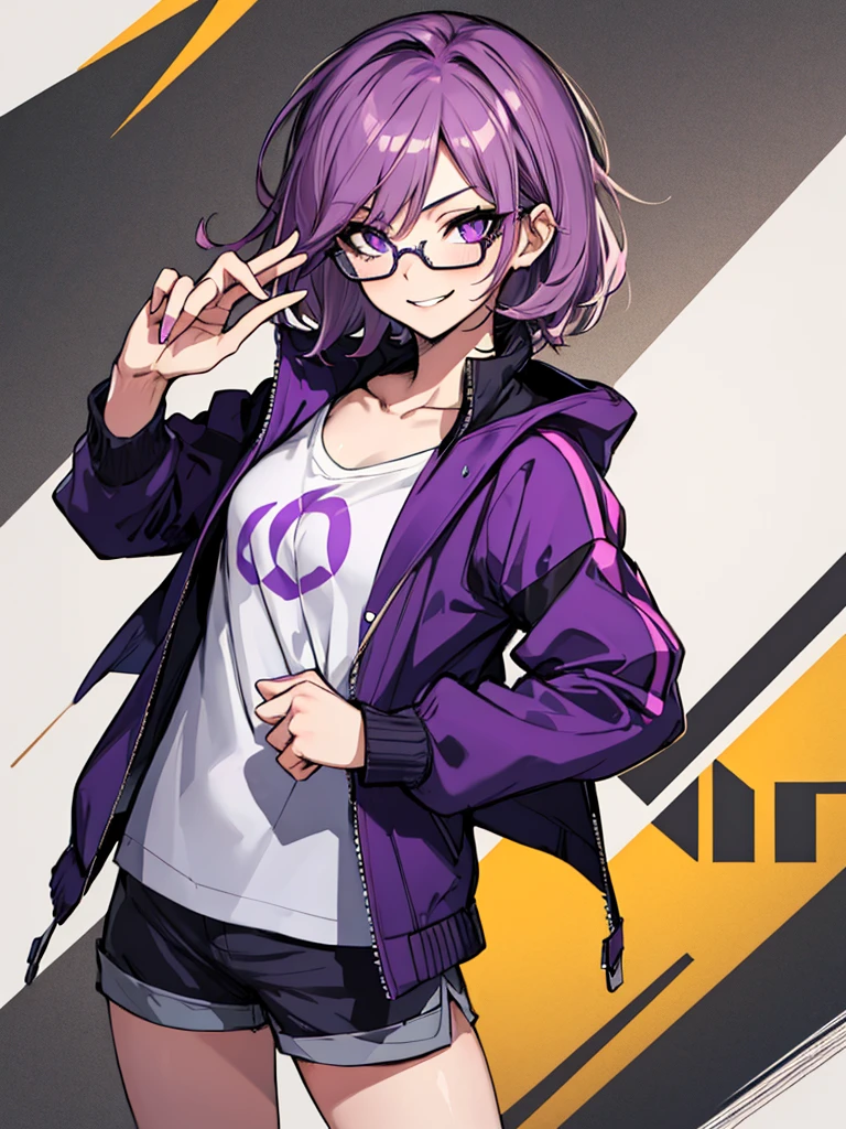 (masterpiece), best quality, expressive eyes, highres, best anatomy, cowboy shot, half body, 1girl, perfect face, perfect hands, female, short hair, messy hair, wavy hair, purple hair, side bang, purple eyes, fair skin, medium chest, slight smirk, purple glasses, purple shorts, 1girl, solo, jacket, graphic t-shirt