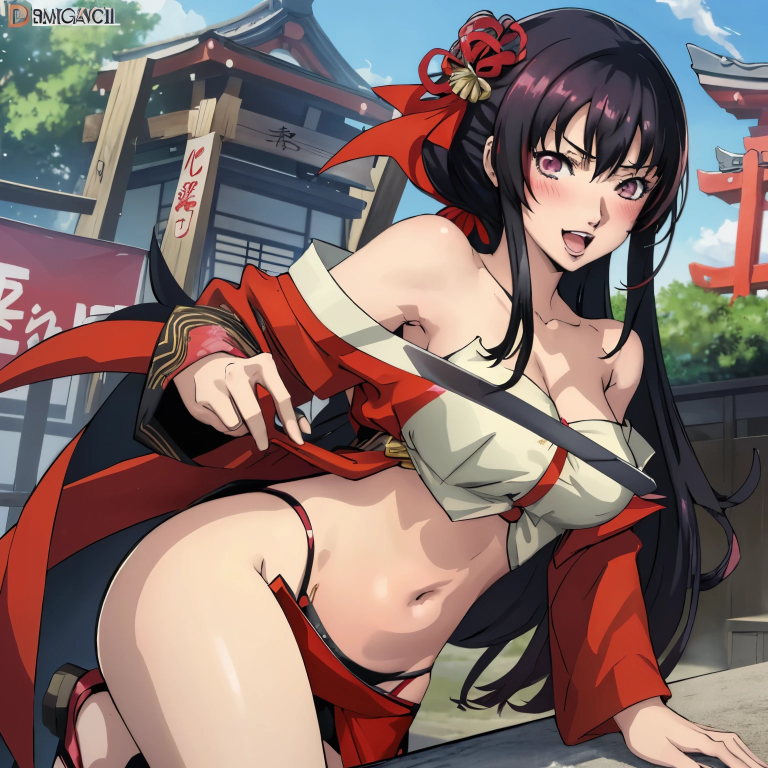 2girl, two girl, long hair, lipstick, blush, Hot girls, baddie, , mean girl,  crazy, smoking, sensual, attractive, masterpiece, best quality, highly detailed, a anime girl in kimono dress ,holding sword, bare
shoulder,open kimono, evil smile, open mouth, crop top , (nsfw) not safe for work, smile, ecchi anime
style, anime girls, ecchi style, ecchi, digital anime art!!, in anime style, official artwork, visual novel cg,
beautiful anime girl, anime style 4 k, kimono pencil skirt, exposed belly, exposed navel,
exposed midriff, exposed lower belly, outdoor, japanese architecture, temple