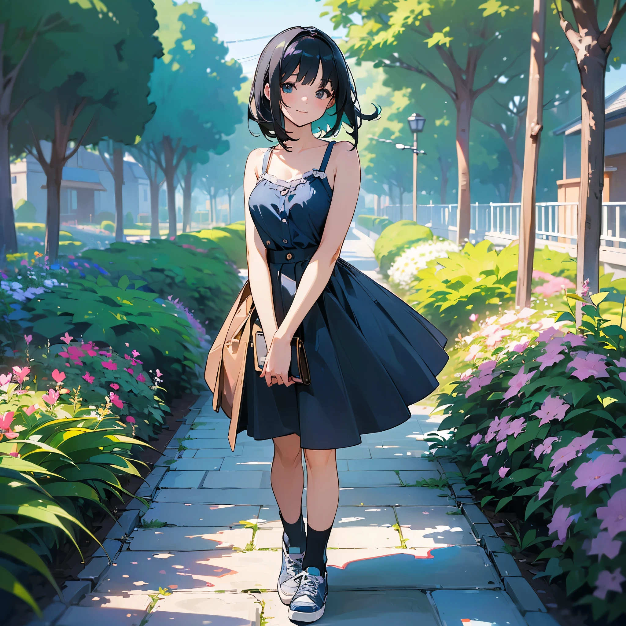 (high quality, High resolution, Very detailed, reality:1.37), Peaceful atmosphere, (Outdoor, garden), girl standing alone, (my breasts are big.), Beautiful details, Cute Smile, (Black bob hair), camisole, Denim skirt, Blue socks, sneakers.