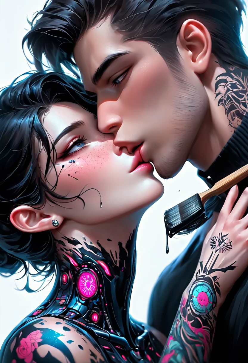 2 guys ethereal demonic 25 year old anime guy male druids, with metallic long pale blond hair, delicate masterpiece intimate delicate etched glowing neon tattoos, Fabulous full view painting of a winking beautiful and gorgeous elf ((male)) almost kissing, perfect face, blue/black pastel eyes, long white/black wisp hair, freckles, piercings and tattoo foil print neon body art, laboratory experiment, perfect anatomy, centered, almost perfect, dynamic, very detailed, glowing, artstation, concept art, soft and sharp focus, art by Carne Griffiths and Wadim Kashin, airbrush graffiti techniques, high-definition accent lighting, epic, elven atmosphere, contrasted with vibrant paint colors., futuristic cyborg in the year 2950,