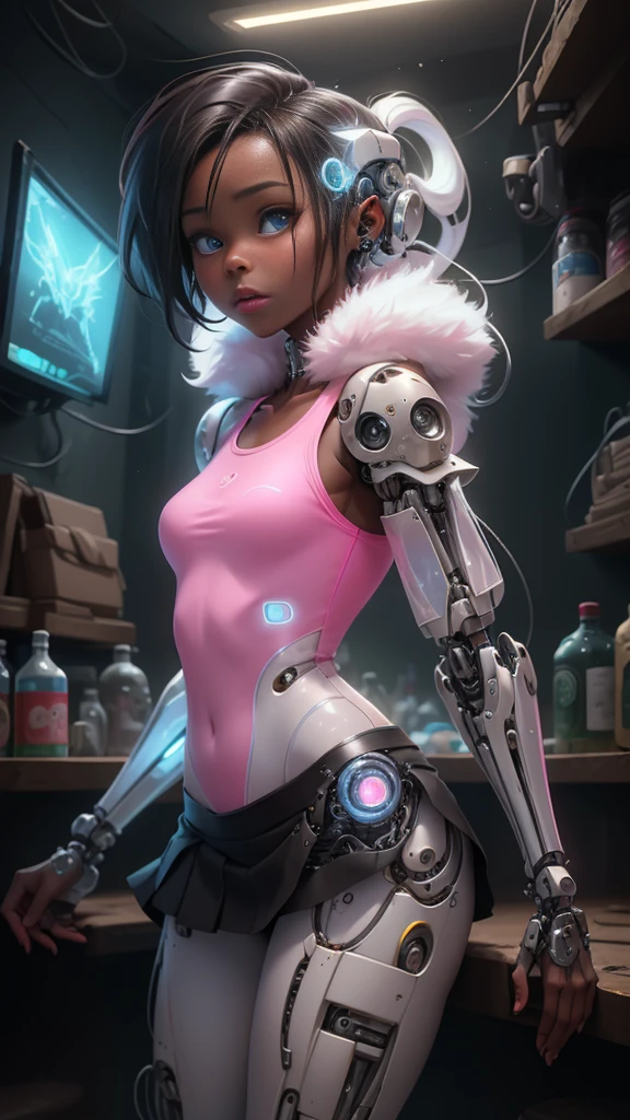 analog raw photo of cute tween Fashion model 13 yr old, photo shoot in a basement , beautiful Icelandic girl,(dark ebony skin:1.4), (mini skirt pink cyborg :1.4) , innocent detailes eyes, uncombed blodne hair, skinny, thin, slim, lean, slender, nubile, detailed cute face, natural lighting, perfect lips, symmetrical face, young, youthful, tween, ager, medium breasts,(cyborg white transparent circuito :1.4), (tight tank top white :1.4) , (small bodysuit white :1.4) , (medias blancas brillantes/pantys:1.4),view from behind looking back, glass bottles on tables, high res 16k, Epic Fantasy Art Style HD, 4K fantasy art, epic fantasy digital art style, epic fantasy art style, Fantasy Woman, epic fantasy art portrait, Epic fantasy style, hyperrealistic fantasy art, hd fantasy art, Epic fantasy character art, epic fantasy art, in style of dark fantasy art, epic fantasy digital art, (iluminación cinematográfica :1.4), (anatomía perfecta :1.4), (face detailed :1.4), (pose vaquero), (cyborg white plastic transparent mechanical :1.4), (cyberpunk: V2.0), (colores brillantes)