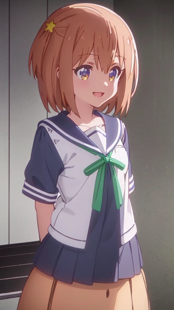 {Highest quality:1.5}, (masterpiece:1.3), Upper Body, High resolution, One person, One personの少女, anime_Coloring, clavicle, glistening, looking at viewer, Sailor suit, Short sleeve_uniform, uniform, green_ribbon, Navy Blue_skirt, {looking up:1.5}, (Beautiful attention to detail:1.6), flat chested, Highly detailed face, Highly detailed CG, (Perfect hands), Slender, smile, joyful, big smile, happy smile, heartwarming smile, :d