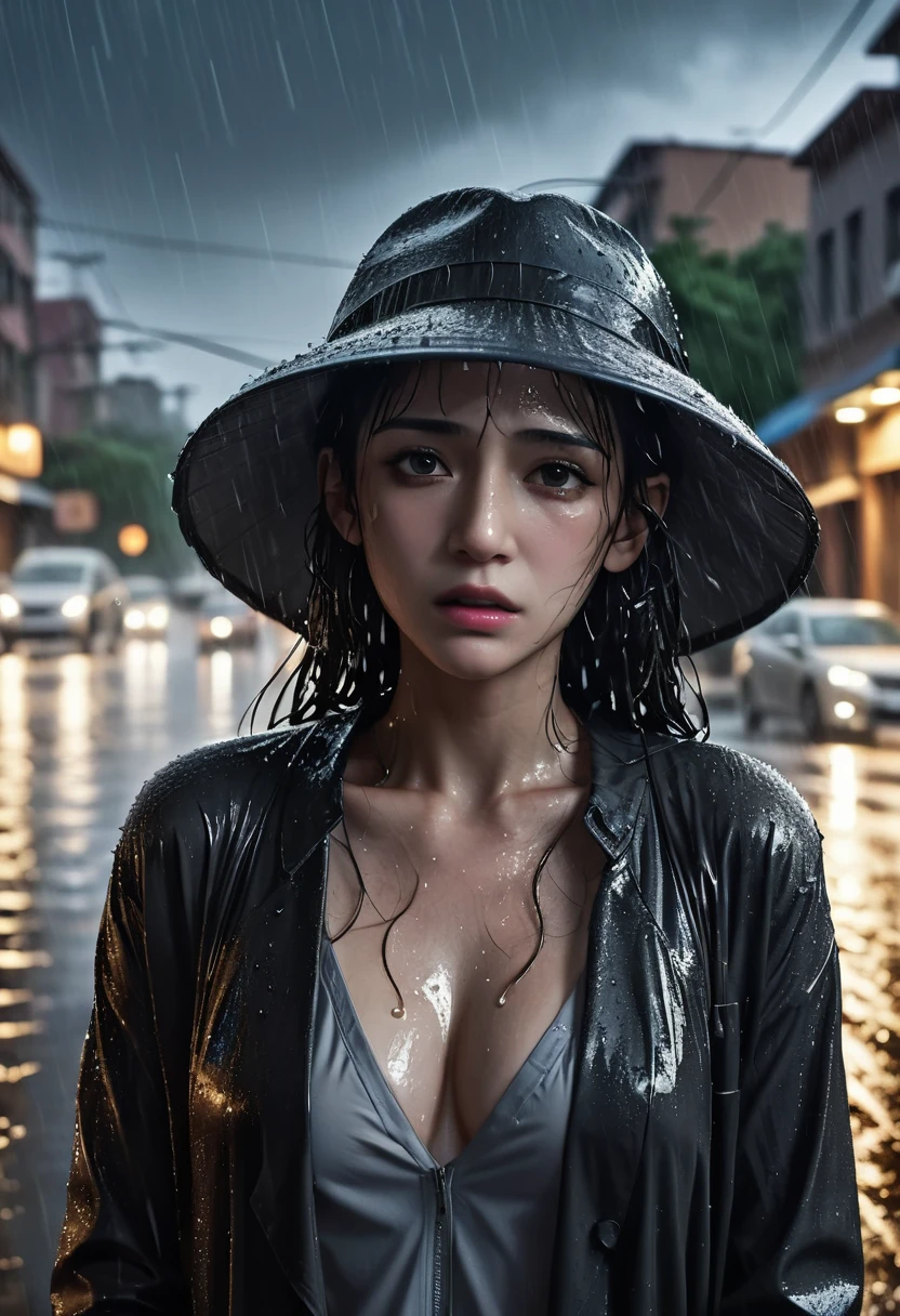 ( Highest quality,4K,8k,High resolution,masterpiece:1.2),Very detailed,(Realistic,photoRealistic,photo-Realistic:1.37),Night rainy landscape,stress,Outdoor,Gloomy atmosphere,Realistic droplets on the face,Soaked clothes,Dark colors,despair,Devastation,Lonely,Lost in Thought,Emotional,Wet roads,Apply mascara to your face,Tears ran down my cheeks.,Rain-soaked hat,Water dripping from hair,Shrug,Visible sadness,Pouring rain,thunderstorm,Severe Weather,Tragic,Deep sorrow,heartache,negative emotion,despairing expression,Cold and wet,pale,Heavy rain,Wet road surface,Tears fall rapidly,Lonely,Devastation.